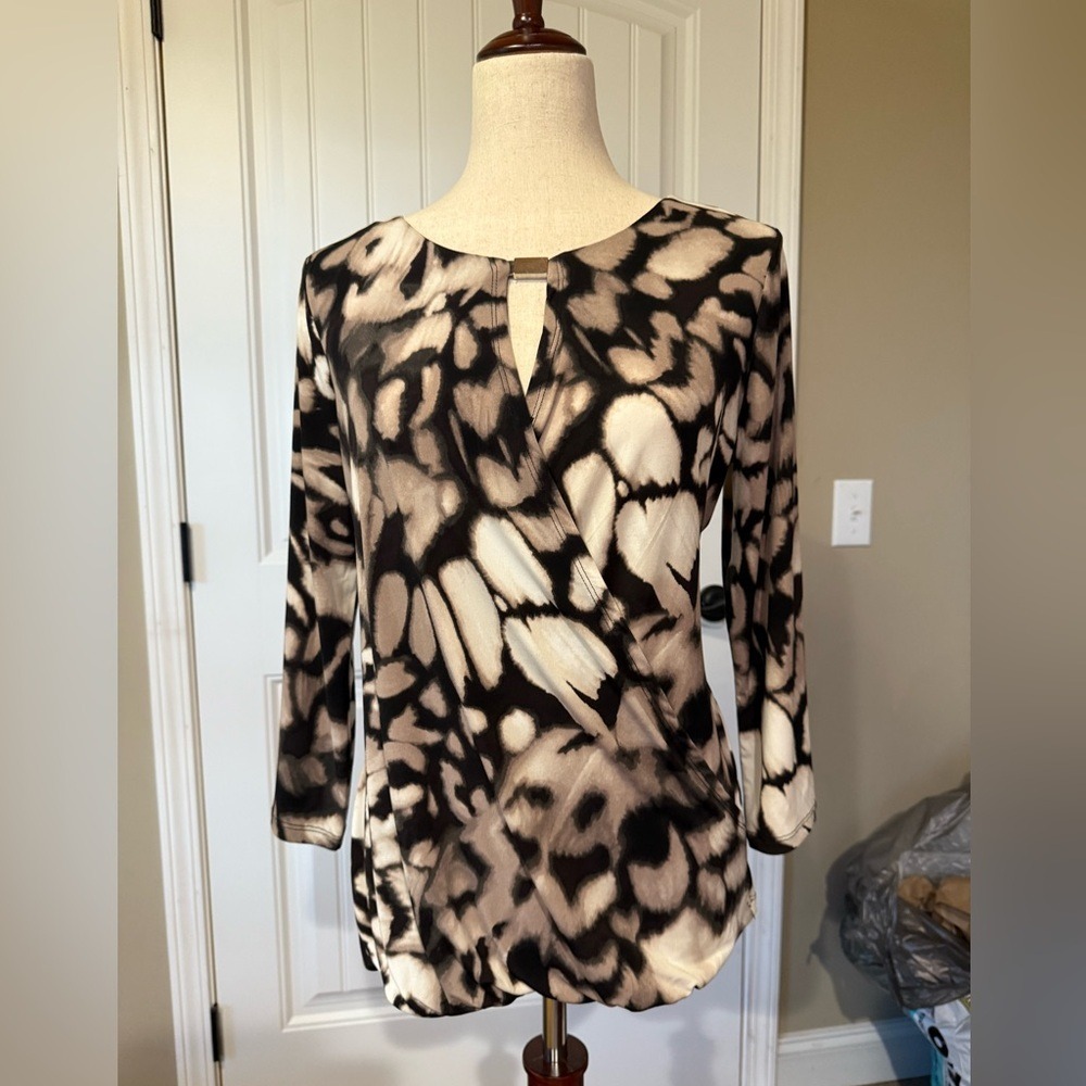 Calvin Klein Women's Abstract Print Keyhole Neck 3/4 Sleeve Top Size S